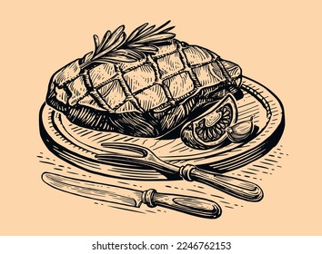 Beef veal steak grilled. Barbecue, roast meat, grill food sketch. Hand drawn engraved vintage vector illustration