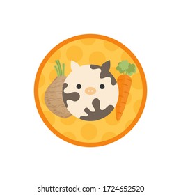 Beef vegetable soup vector illustration icon. Root vegetable and meat broth, stock with dumplings cute round label. Isolated.