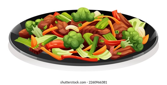 Beef and vegetables stir fry in black plate vector illustration