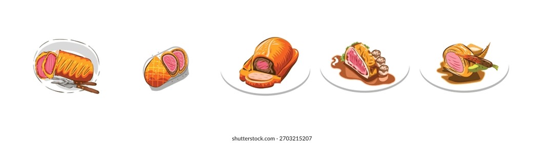 Beef wellington vector set collection graphic clipart design. Platter of Beef Wellington collection, in cartoon style minimal on transparent, white background, isolate, vector illustration.