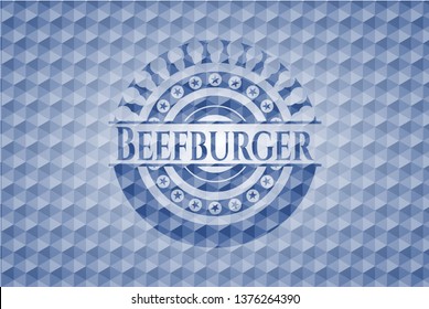 Beefburger blue emblem or badge with abstract geometric polygonal pattern background.