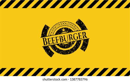 Beefburger grunge black emblem with yellow background, warning sign. Vector Illustration. Detailed.