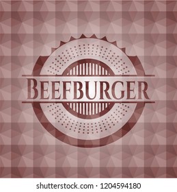 Beefburger red seamless emblem or badge with geometric pattern background.