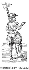 Beefeater in 1563, vintage engraved illustration. Industrial encyclopedia E.-O. Lami - 1875. 