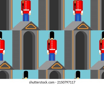 Beefeater British Royal Guardsman Pattern Seamless. Sentry Grenadier In Bear Hat Background.  