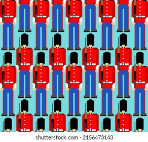 Beefeater British Royal Guardsman Pixel Art Pattern Seamless. 8 Bit Sentry Grenadier In Bear Hat Background. Pixelated Vector Texture 