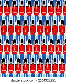 Beefeater British Royal Guardsman Pixel Art Pattern Seamless. 8 Bit Sentry Grenadier In Bear Hat Background. Pixelated Vector Texture 