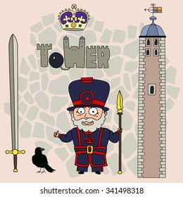 Beefeater.Set of cartoon objects that are symbols of London.