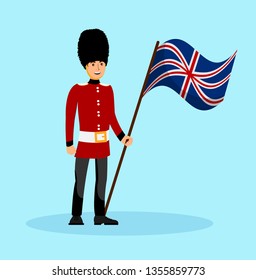 Beefeater, England Queen Guard Vector Illustration. Man in Traditional UK Military Uniform Cartoon Character. Buckingham Palace Security Person Holding Britain Flag. Travel to London