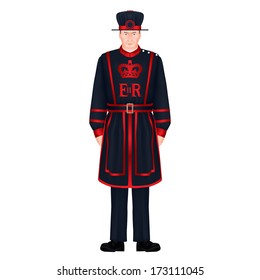 Beefeater soldier - Yeoman warder - Royal guard - London character - symbols - very detailed, realistic, isolated vector illustration