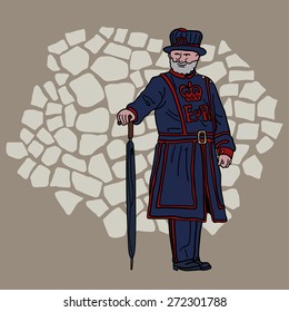 Beefeater Yeoman Warder Tower London Cartoon: เวกเตอร์สต็อก (ปลอดค่า