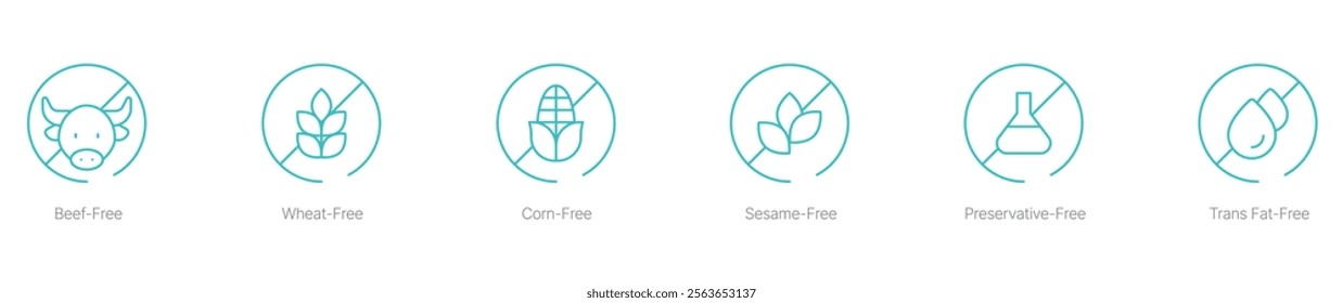 Beef-Free, Wheat-Free, Corn-Free, Sesame-Free, Preservatives-Free, and Trans Fat-Free Vector Icon Set for Allergy-Safe and Clean Food Labeling