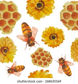 Bee,flowers,honeycomb,seamless pattern. Watercolor painting.