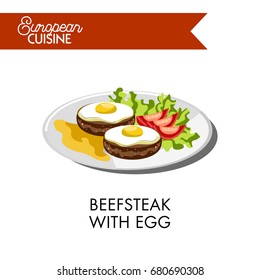 Beefsteak with egg and tomatoes from European cuisine