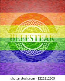 Beefsteak emblem on mosaic background with the colors of the LGBT flag