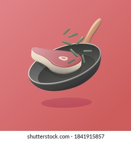 Beefsteak, judías verdes y sartén. Isométrica ilustración vectorial. Carne para la cena. Cocinando carne. 