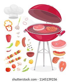 Beefsteak grilling meat isolated icons vector set. Grille grid with beef and pork roasted chicken with veggies. Vegetables condiments and chefs hat