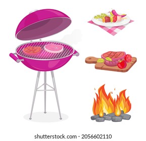 Carne asada de Beefsteak en la rejilla de rejilla aislados iconos conjunto vector. Llama al fuego y carne de res servidas en placas de platos y tablas de madera. Plato con verduras vegetales