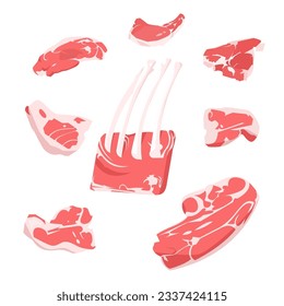 Beefsteaks flat vector illustration set. illustration of meat steak, ribeye, striploin for restaurant menu, grill concepts, raw meats cartoon flat illustration