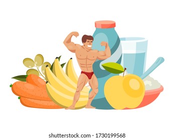 Beefy man athletic build character person healthy fruit vegetable food isolated on white, flat vector illustration. Sporty proper nutrition improve health care vitamin meal additive nutrition.