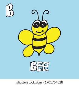 bee-hand drawn lettering. bee vector illustration on blue background. hand drawn vector. bee icon, striped yellow and black. B-alphabet, english for kids, poster, education. colorful card design. 