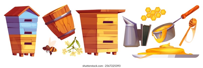 Beehive apiary equipment and tools set - wooden tiered bee house, rustic barrel container, langstroth hive, metal smoker, dipper spoon with honey drip, harvesting stick. Professional beekeeper supply.