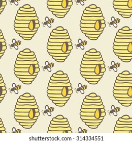 Beehive and bee. Hand-drawn seamless cartoon pattern with honey bees and hives. Doodle drawing. Vector illustration. 