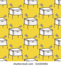 Beehive and bee. Hand-drawn seamless cartoon pattern with honey bees and hives. Doodle drawing. Vector illustration. 