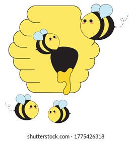 beehive bee honey cute bees flying insects yellow spring summer nature cartoon drawing vector