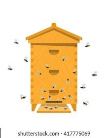 Beehive with bee on a white background. Traditional wooden beehive. Cartoon illustration of a beehive. Stock vector