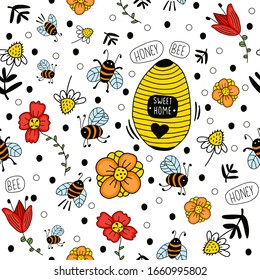 Beehive, bees, and apiary with flowers, text "Honey Bee". Drawn vector seamless pattern on white background. Design for paper, gift wrap, wall art, cover, fabric, 