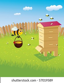 Beehive and bees. Apiary on the lawn