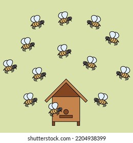 Beehive with bees in cartoon style. Vector illustration isolated on light green background.