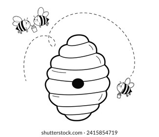 Colmena con abejas. Elemento de diseño. Ilustración en blanco y negro Aislada sobre fondo blanco.