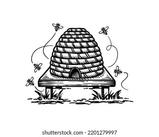 Beehive with bees flying all around illustration symbol icon logo vector. Honeycomb with bees flying all around hand drawn logo vector. Hive icon vector