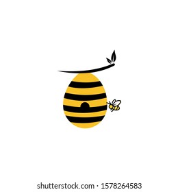 Beehive With Bees Flying Around Cartoon Illustration, Concept for organic honey products, package design,