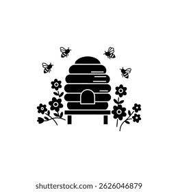 Beehive with Bees Flying Around Surrounded by Blooming Flowers
