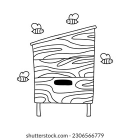 Beehive with bees in hand drawn doodle style. Vector illustration isolated on white. Coloring page.