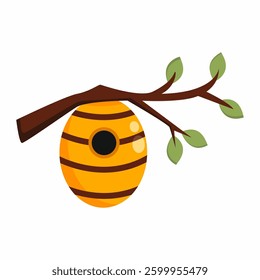 Beehive with bees is hanging on tree branch. Cartoon illustration on theme of beekeeping