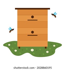 Beehive, bees on a white background. Useful honey. Vector illustration