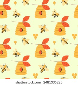 beehive and bees seamless pattern