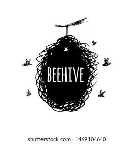 Beehive with bees, sketch, art for your design