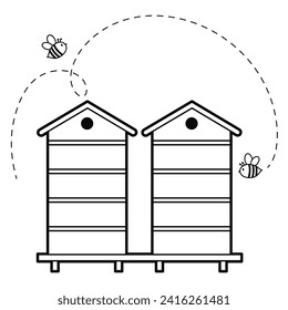 Beehive with Bees. Wooden houses for bees, beehive in an apiary. Design element. Black and white illustration Isolated on white background.