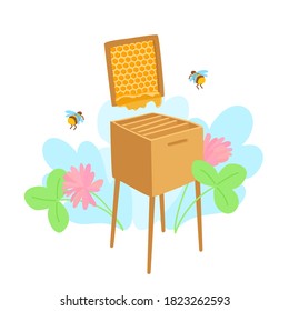 Una caja de colmenas con abejas. Un marco de peine de miel con miel. Granja de miel, colmena de abejas. Apiario para las abejas. Flores de trébol en el fondo. Ilustración vectorial de dibujos animados.