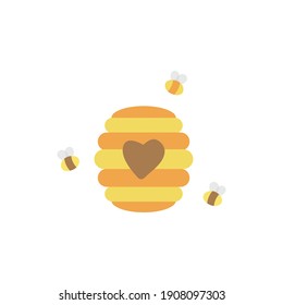 Beehive cute vector illustration. Hive with bees around. Heart shaped entrance. Isolated drawing. 