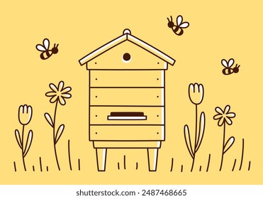 Beehive doodle drawing, wooden bee house with flowers. Cute cartoon beekeping vector clip art illustration.