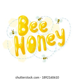beehive drawn in cartoon style. simple handwritten doodle style lettering. natural bee honey. letters and small bees around. Vector illustration isolated on white background.