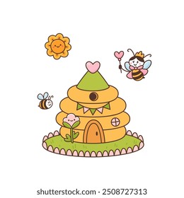 Beehive fairytale house stands on green lawn with cute kawaii flowers. Queen bee and common bee fly nearby. Funny smiling honey bee cartoon characters. Colored vector illustration