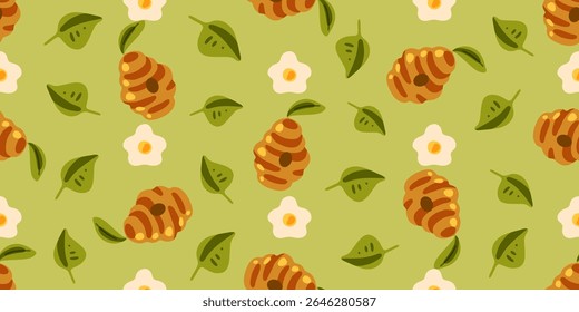 Beehive Flower Leaf Pattern Design. Seamless pattern with cartoon beehives, white flowers and green leaves on soft olive background. Flat vector style with warm natural palette.