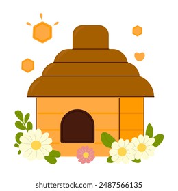 A beehive in the form of a house. A house for honey bees with flowers. A beehive isolate.